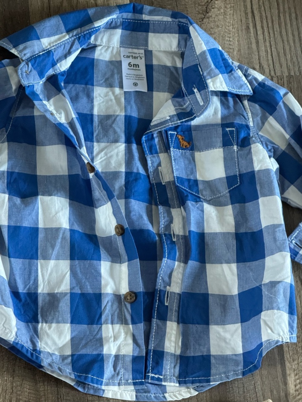 Carter's Blue and White Plaid Button-Up Shirt with Khaki Car Print Pants - Picture 4 of 4